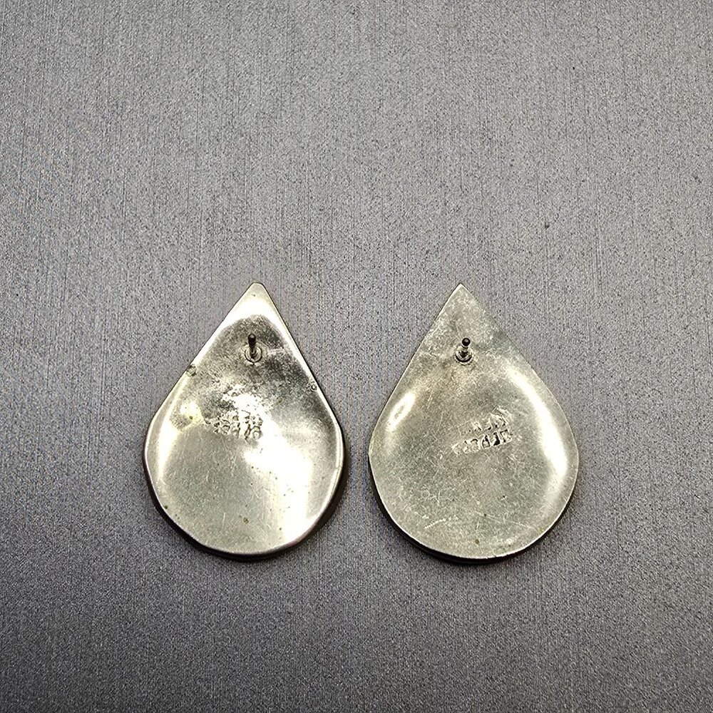 VTG Alpaca Silver Abalone Enamel Earrings 1" Mexico Teardrop Inlay Signed - Picture 2 of 8